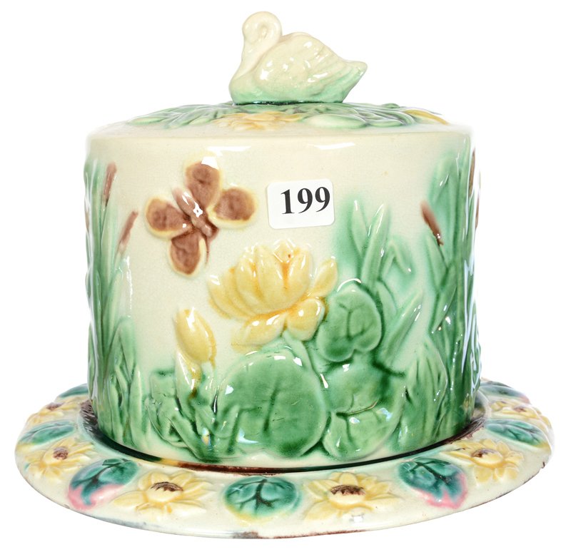 7" X 8 1/2" MARKED ETRUSCAN MAJOLICA CHEESE DISH (1 of 3)