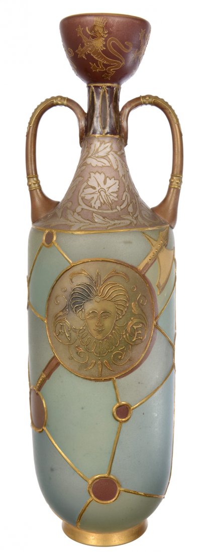 12" UNMARKED ROYAL FLEMISH TWO-HANDLED ART GLASS VASE (1 of 4)