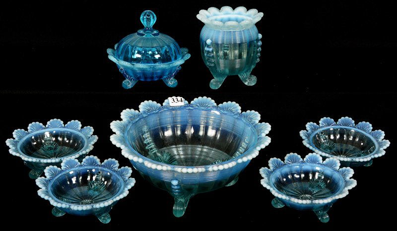 (7) BLUE OPALESCENT PATTERN GLASS ITEMS (1 of 4)