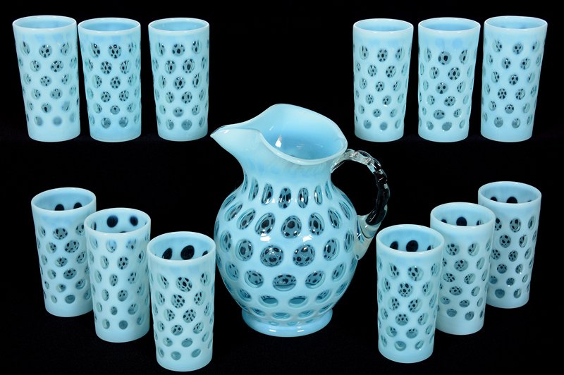 THIRTEEN PIECE BLUE OPALESCENT COINSPOT WATER SET (1 of 3)