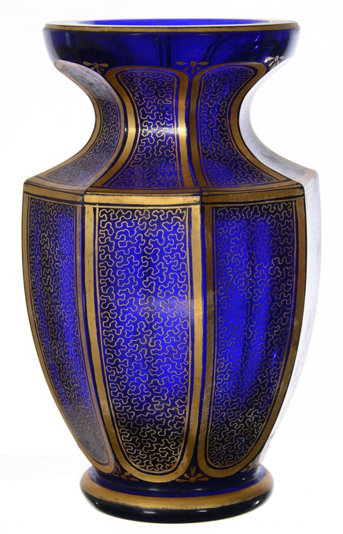 4 1/2" UNMARKED MOSER COBALT BLUE EIGHT-SIDED VASE WITH (1 of 3)