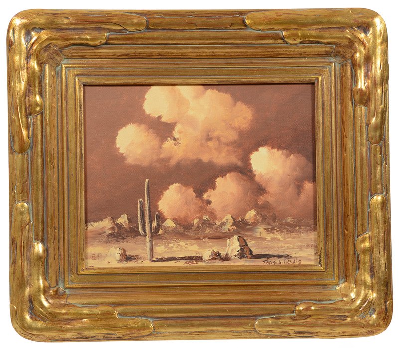 8" X 10" OIL PAINTING BY THOMAS LEWIS TITLED "SAGUARO: 8" X 10" OIL PAINTING BY THOMAS LEWIS TITLED "SAGUARO SET IN GILT WOODEN FRAME