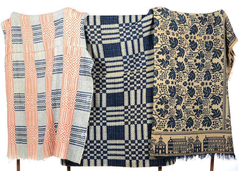 (3) VINTAGE BLUE AND WHITE WOVEN COVERLETS (1 of 4)