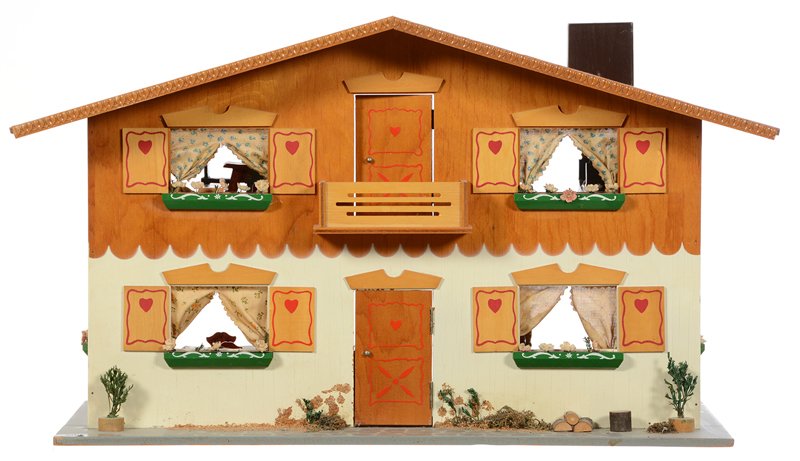 16" X 29" X 15" ORIGINAL GERMAN DOLL HOUSE FILLED WITH: 16" X 29" X 15" ORIGINAL GERMAN DOLL HOUSE FILLED WITH FURNITURE INCLUDES WARDROBES, DINING TABLES, CHEST, CRADLE, BED AND MORE - GOOD PAINT - SEE PHOTOS FOR DETAILS