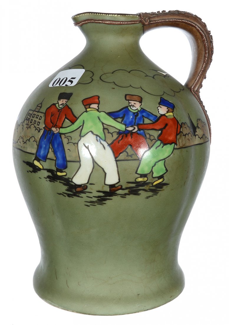7 1/2" NIPPON (BLUE WREATH MARK) HANDLED JUG: 7 1/2" NIPPON (BLUE WREATH MARK) HANDLED JUG GREEN WITH ENAMEL DUTCH MEN SCENIC DECOR - NO STOPPER