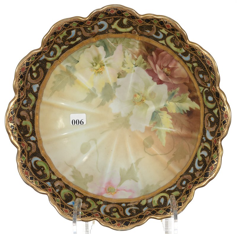 11 1/4" NIPPON (BLUE WREATH MARK) PEDESTAL BOWL: 11 1/4" NIPPON (BLUE WREATH MARK) PEDESTAL BOWL YELLOW AND BROWN TONES WITH LARGE POPPY DECOR - DARK BROWN BORDER WITH COLORFUL HIGHLIGHTS AND GOLD TRIM