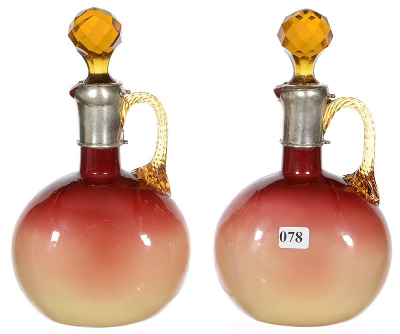 (2) 9 1/2" WHEELING PEACHBLOW ART GLASS DECANTERS (1 of 4)