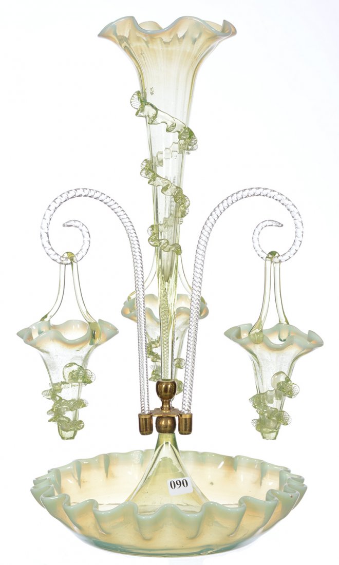 18 1/2" VASELINE OPALESCENT VICTORIAN THREE ARM EPERGNE (1 of 3)