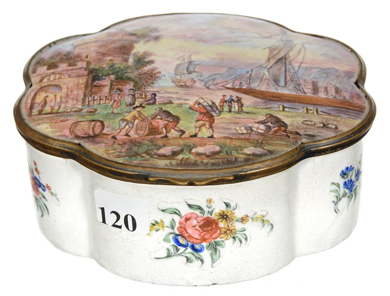 2 1/4" X 5 1/2" GERMAN ENAMEL HINGED TOBACCO BOX: 2 1/4" X 5 1/2" GERMAN ENAMEL HINGED TOBACCO BOX ELABORATE SAILBOAT AND CASTLE SCENIC DECOR
