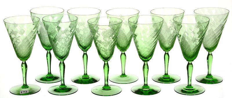 (10) 7 1/2" GREEN PATTERN GLASS WATER GOBLETS (1 of 4)
