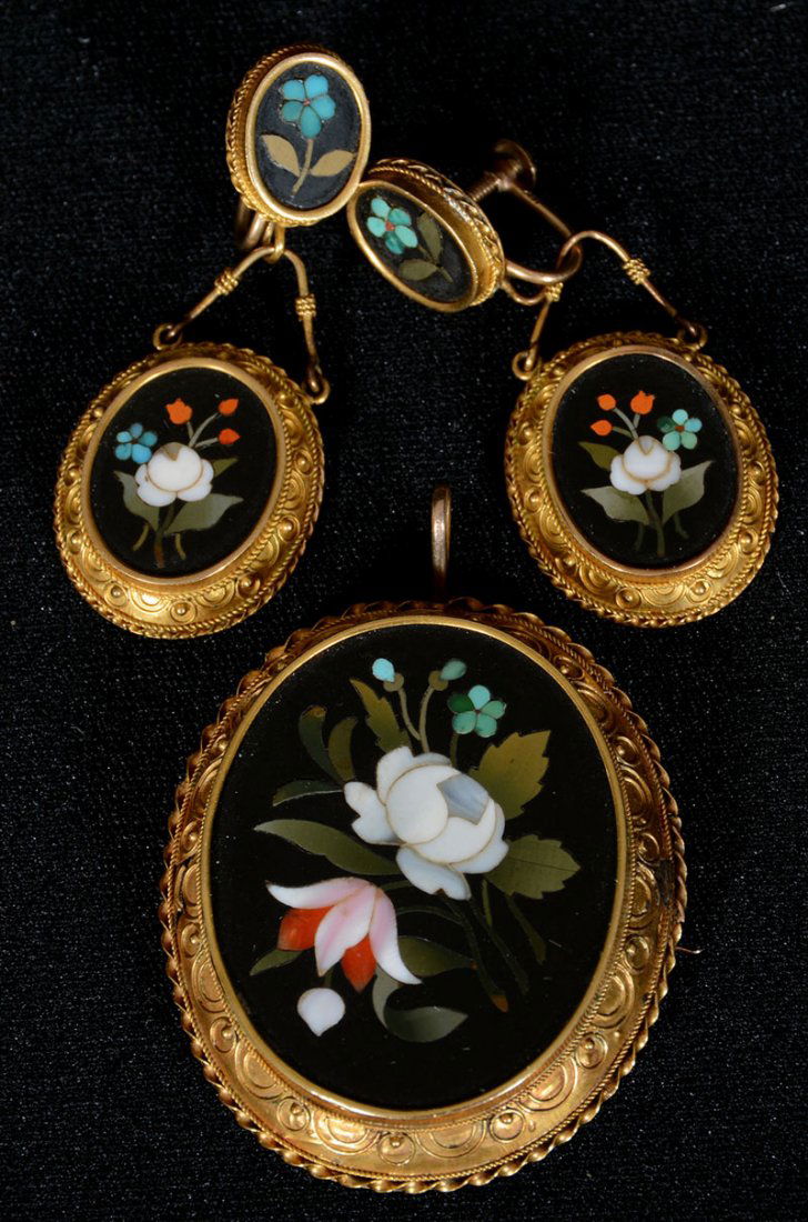 THREE PIECE VINTAGE ITALIAN PIETRA DURA JEWELRY SET (1 of 3)