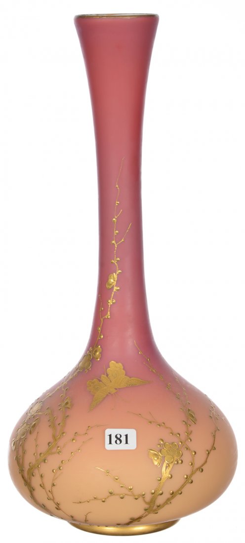 15" MODIFIED SATIN PEACHBLOW ART GLASS VASE ATTRIBUTED: 15" MODIFIED SATIN PEACHBLOW ART GLASS VASE ATTRIBUTED TO WEBB GOLD ENAMEL BRANCH, BLOSSOM AND BUTTERFLY DECOR - FINE COLOR