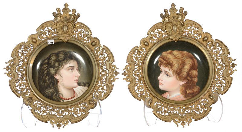 PAIR UNMARKED GERMAN PORCELAIN PLAQUES SET IN ELABORATE (1 of 6)