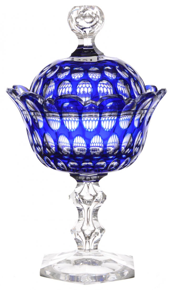 10 1/2" X 6" BLUE CUT TO CLEAR PEDESTAL COVERED COMPOTE (1 of 3)