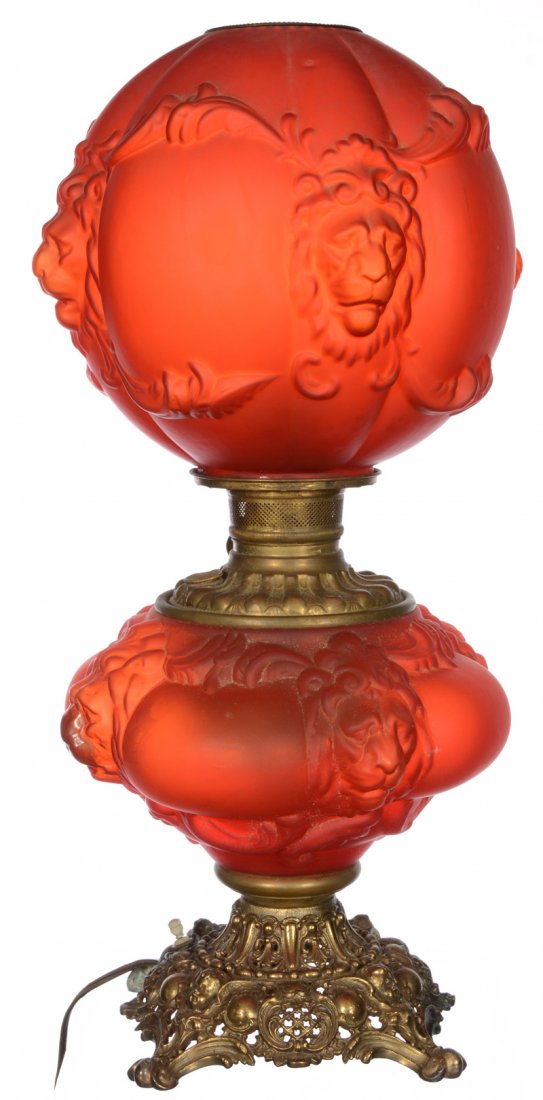 22 1/2" RED SATIN GONE WITH THE WIND TABLE LAMP, (1 of 3)