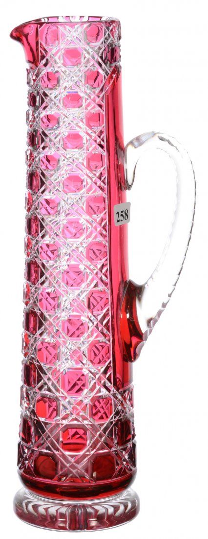 15" CRANBERRY CUT TO CLEAR TALL CHAMPAGNE PITCHER (1 of 4)