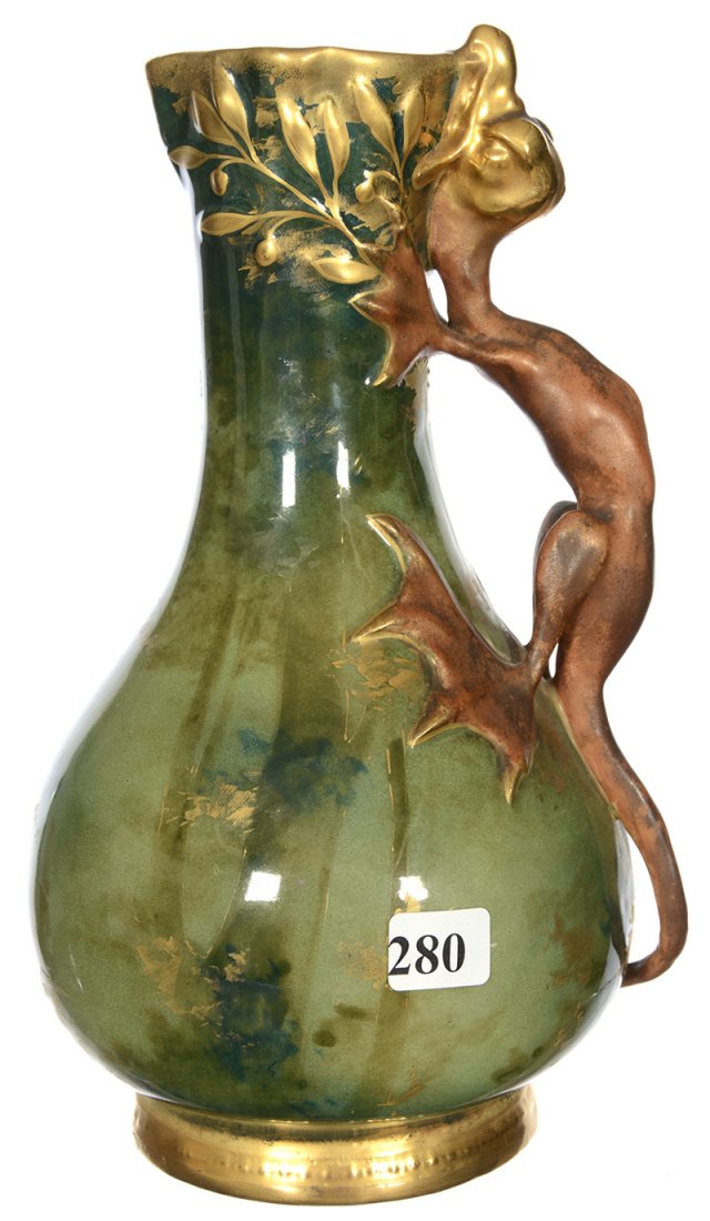 10" MARKED TEPLITZ AMPHORA EWER WITH FIGURAL HANDLE (1 of 3)