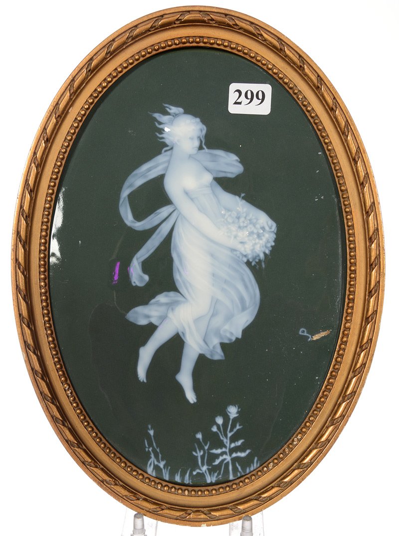 9" PATE SUR PATE OVAL PLAQUE SET IN 10 1/2" GILT WOODEN (1 of 3)