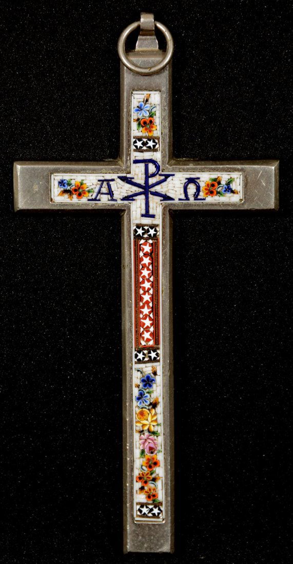 4 1/4" SILVER AND MICRO-MOSAIC CROSS PENDANT (1 of 2)