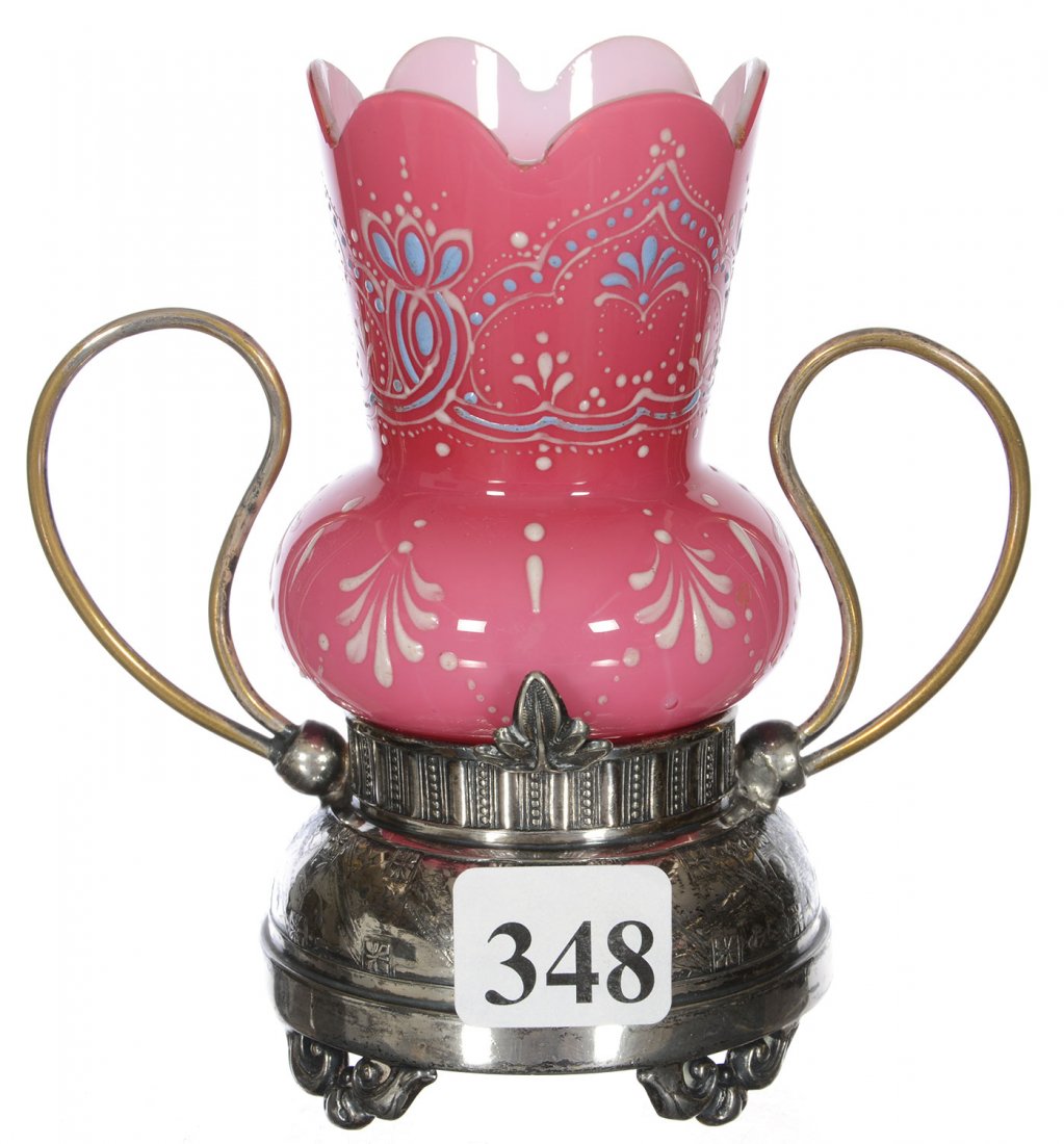 4" PINK CASED ART GLASS TOOTHPICK HOLDER WITH ENAMEL (1 of 4)