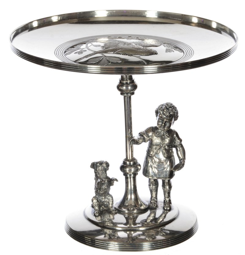 5 1/2" X 6" MERIDEN #141 SILVERPLATE FIGURAL CARD RECEI: 5 1/2" X 6" MERIDEN #141 SILVERPLATE FIGURAL CARD RECEIVER YOUNG BOY TEACHING DOG TO SIT - EMBOSSED BIRD ON TRAY