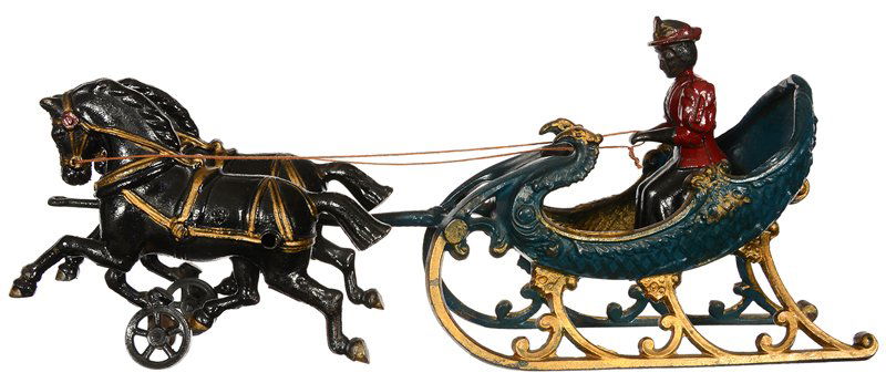 RARE 6" X 15" VINTAGE TOY CAST IRON SLEIGH PULLED BY TW (1 of 3)