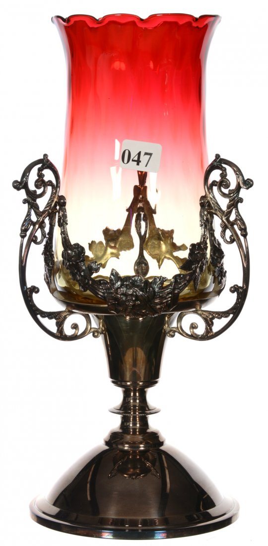 11" AMBERINA ART GLASS CELERY VASE ON ORNATE PAIRPOINT (1 of 4)