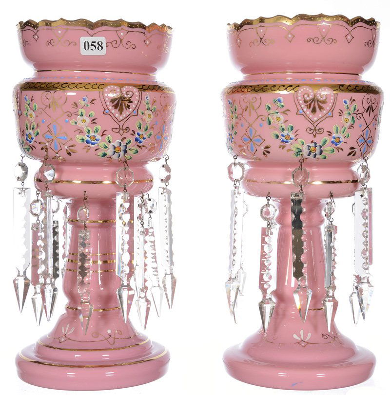 PAIR 13 1/4" PINK CASED ART GLASS CANDLE LUSTRES (1 of 4)