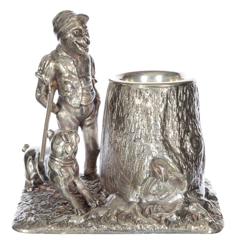 UNIQUE 3 3/4" X 4" MARKED TUFTS #8400 FIGURAL SILVERPLA: UNIQUE 3 3/4" X 4" MARKED TUFTS #8400 FIGURAL SILVERPLATE TOOTHPICK HOLDER MONKEY HUNTER WITH GUN AND HOUND DOG CHASING RABBIT THAT IS HIDING IN TREE STUMP