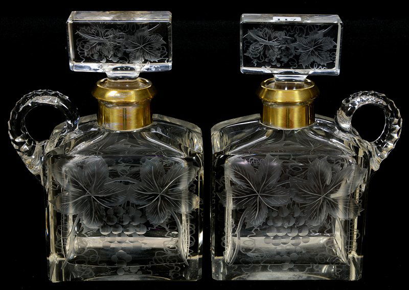 (2) 8 1/2" X 6" CUT GLASS RECTANGULAR HANDLED DECANTERS (1 of 3)
