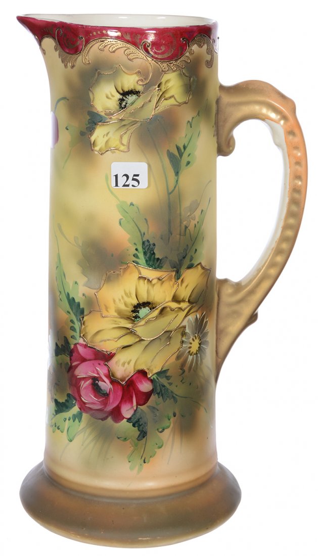 12 3/4" ROYAL NIPPON TANKARD: 12 3/4" ROYAL NIPPON TANKARD YELLOW AND GREEN TONES WITH RED BORDER - YELLOW POPPY AND RED ROSE DECOR