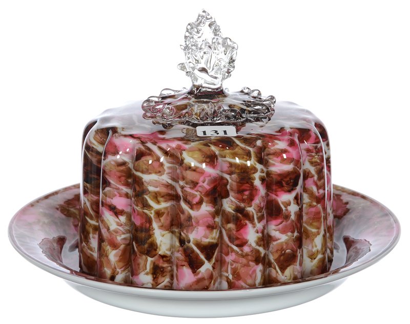 6 1/2" X 9 1/2" STEVENS & WILLIAMS CASED ART GLASS COVE: 6 1/2" X 9 1/2" STEVENS & WILLIAMS CASED ART GLASS COVERED BUTTERDISH MOTTLED GREEN, BROWN AND WHITE CASED DESIGN - CLEAR APPLIED THISTLE FINIAL