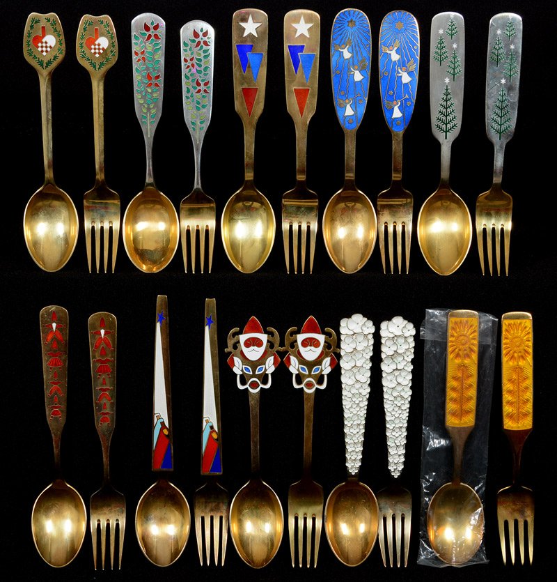 (10) STERLING & ENAMEL CHRISTMAS SPOON & FORK SETS BY M (1 of 5)