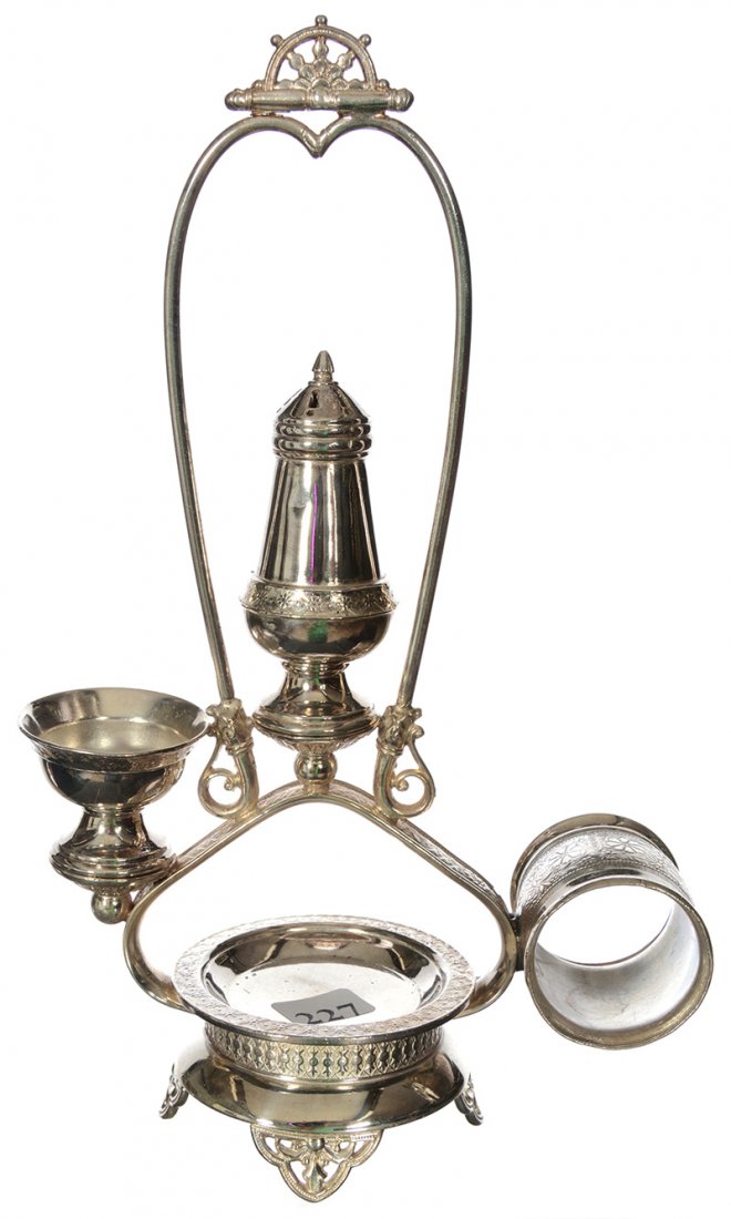 10 1/2" X 6" TUFTS #1458 SILVERPLATE BREAKFAST SET: 10 1/2" X 6" TUFTS #1458 SILVERPLATE BREAKFAST SET FEATURES ATTACHED NAPKIN RING WITH REMOVABLE BUTTER PAT, SALT & PEPPER
