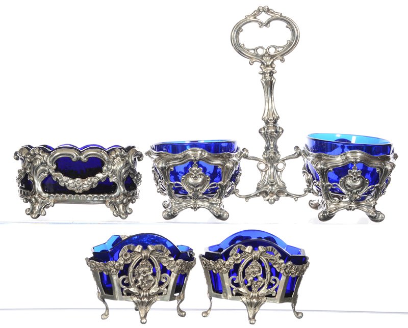 (4) SILVER HALLMARKED SALT DIPS WITH COBALT BLUE ART GL (1 of 2)