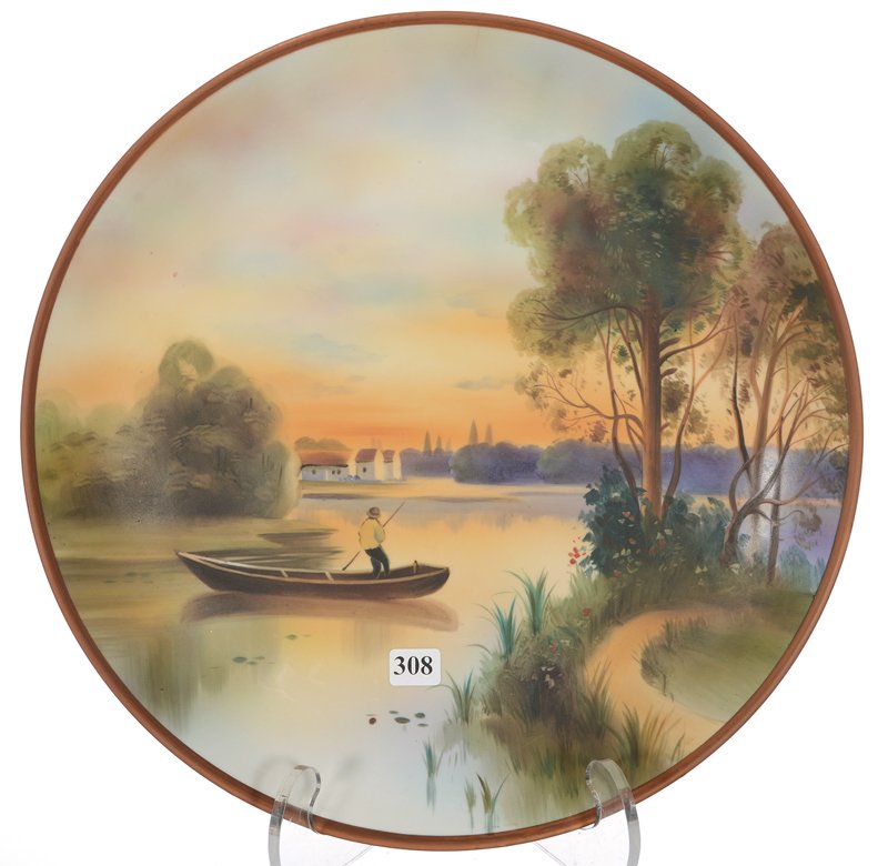 14" NIPPON (GREEN WREATH MARK) ROUND CHARGER: 14" NIPPON (GREEN WREATH MARK) ROUND CHARGER SCENE OF MAN STANDING IN BOAT
