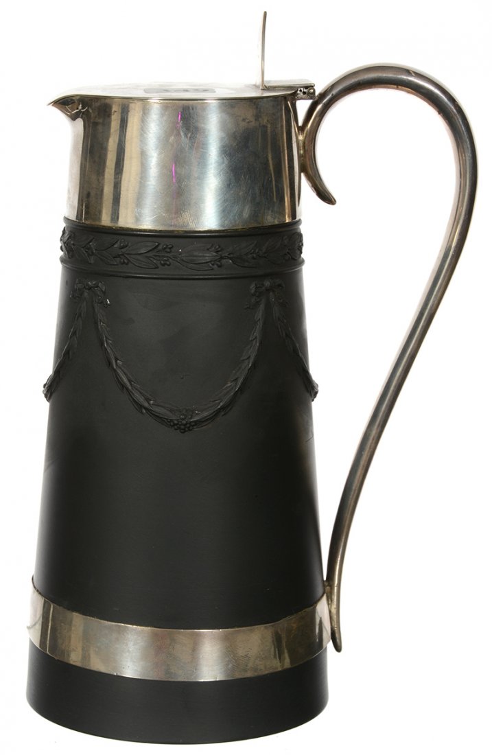 9" MARKED WEDGWOOD BLACK GLASS HANDLED PITCHER WITH HAL (1 of 4)