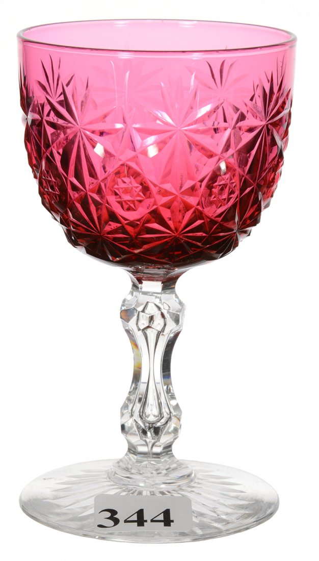 WINE GLASS - 4 1/4" - ABCG - RUBY CASED BOWL WITH: WINE GLASS - 4 1/4" - ABCG - RUBY CASED BOWL WITH RUSSIAN MOTIF HOBSTAR CUT BUTTONS - CLEAR APPLE CORE STEM - RAY CUT BASE