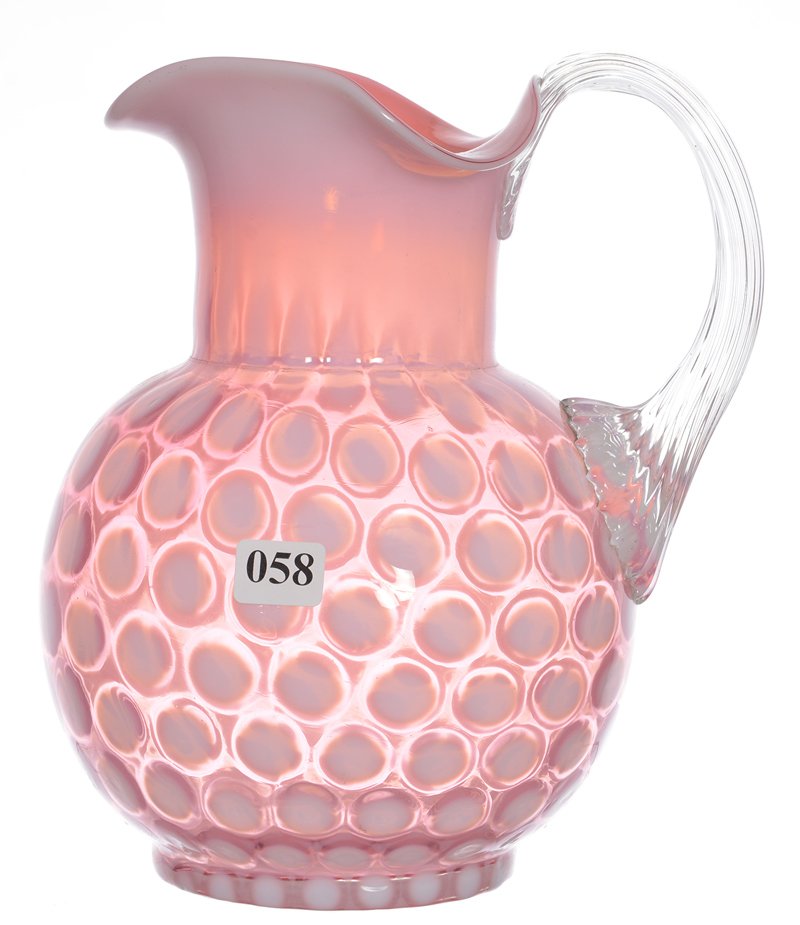 8 3/4" PINK OPALESCENT ART GLASS WATER PITCHER (1 of 2)