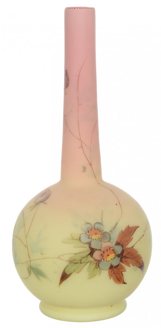 7 1/4" DECORATED BURMESE ART GLASS STICK VASE (1 of 2)