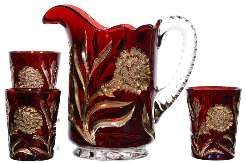 8 1/2" RUBY FLASH CARNATION PATTERN WATER PITCHER & (3) (1 of 3)