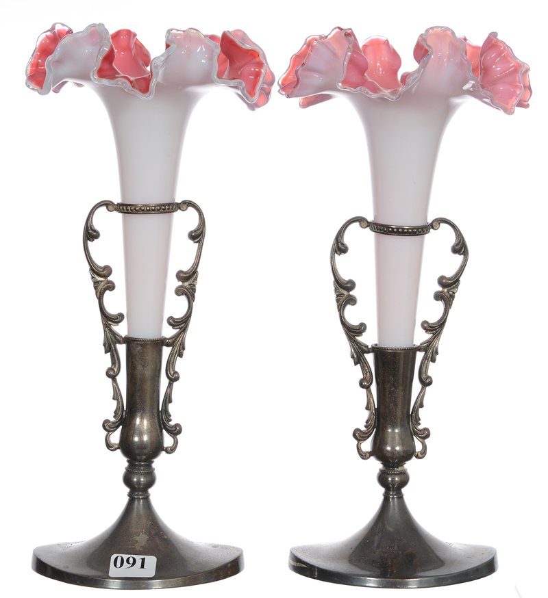 PAIR 10 1/2" ART GLASS VASES SET ON HOMAN SILVERPLATE (1 of 3)