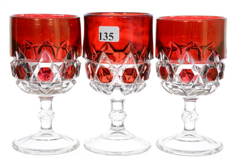 (3) 5 3/4" RUBY FLASH RED BLOCK PATTERN GOBLETS BY U.S. (1 of 3)