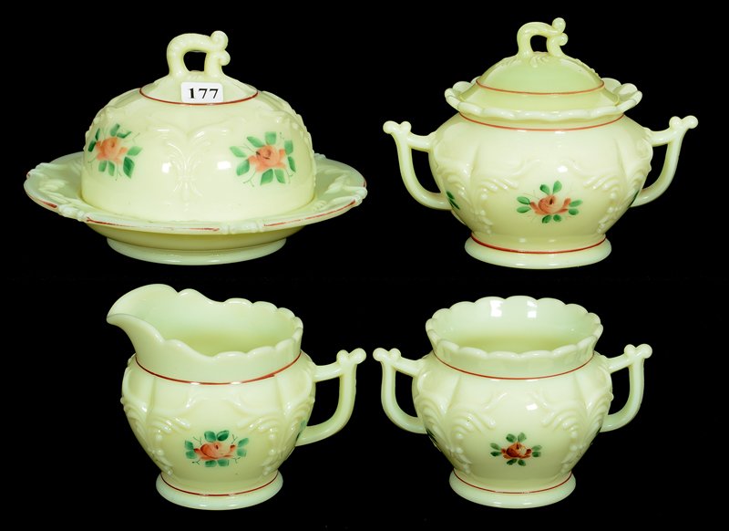 FOUR PIECE CUSTARD GLASS WINGED SCROLL TABLE SET BY (1 of 3)