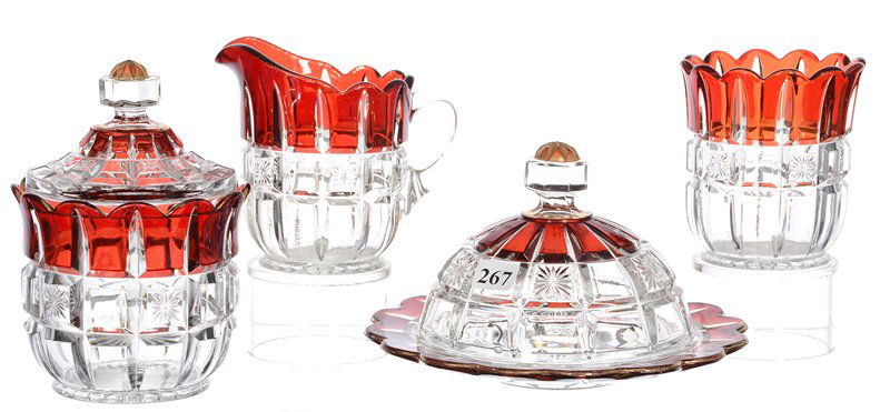 FOUR PIECE RUBY FLASH VERONA PATTERN GLASS TABLE SET BY (1 of 2)