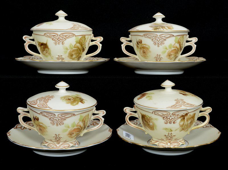 RARE SET OF (4) OLD IVORY BOUILLON CUPS & SAUCERS WITH (1 of 3)