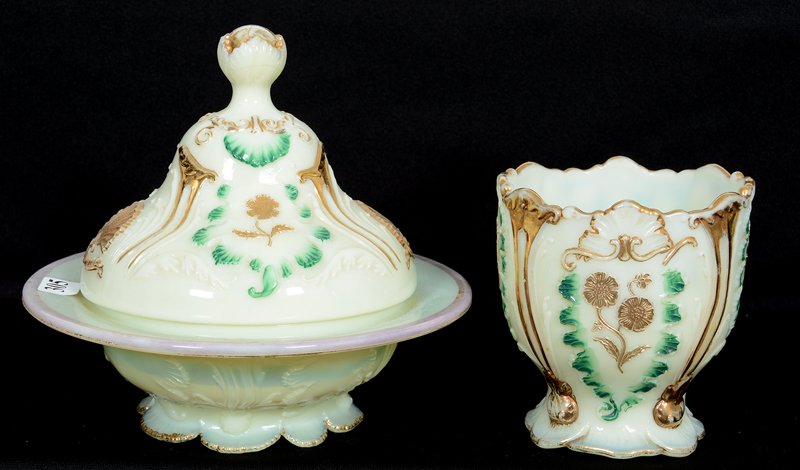 TWO PIECE CUSTARD GLASS EVERGLADES (AKA CARNELIAN) BY: TWO PIECE CUSTARD GLASS EVERGLADES (AKA CARNELIAN) BY NORTHWOOD BUTTERDISH AND SPOONER - COLORED HIGHLIGHTS