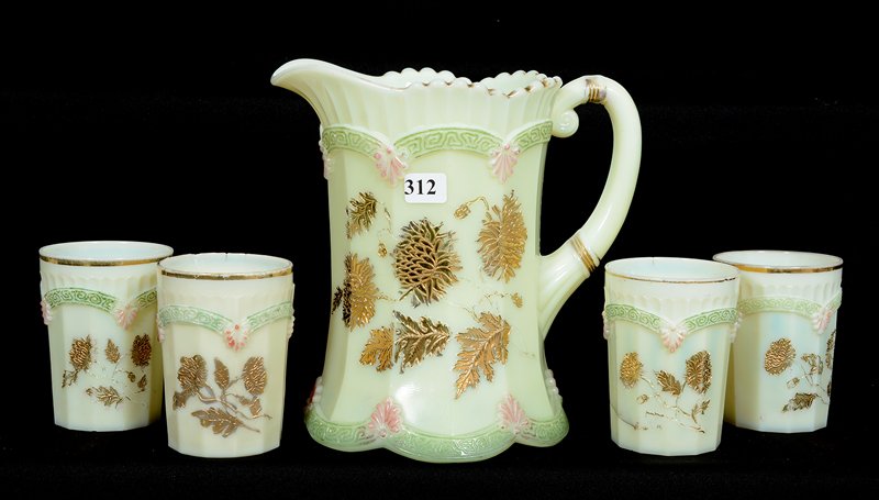 8" CUSTARD GLASS CHRYSANTHEMUM SPRIG WATER PITCHER & (1 of 3)