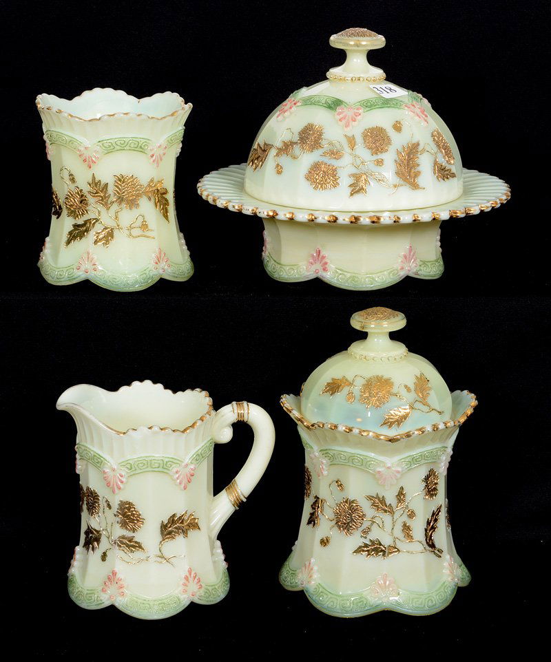 FOUR PIECE CUSTARD GLASS CHRYSANTHEMUM SPRIG TABLE SET (1 of 2)