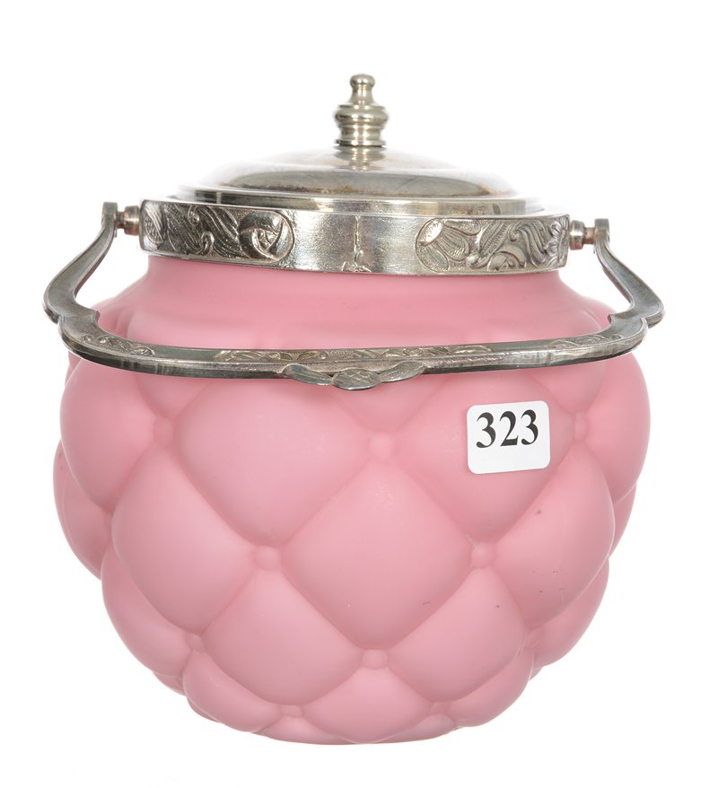 6 1/2" PINK SATIN FLORETTE PATTERN ART GLASS BISCUIT (1 of 2)